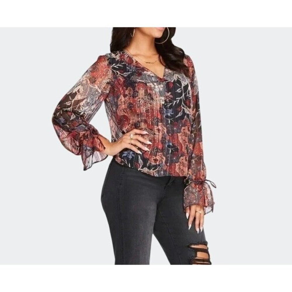 Jessica Simpson Aurora Autumn Memories Russet Brown Floral Long Sleeve Blouse M
